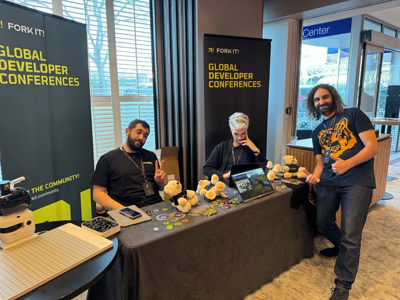 Fork it! booth with members of the Fork it! team. From left to right: Rudy Baer, Aziz Ouertani and Yoann Fleury